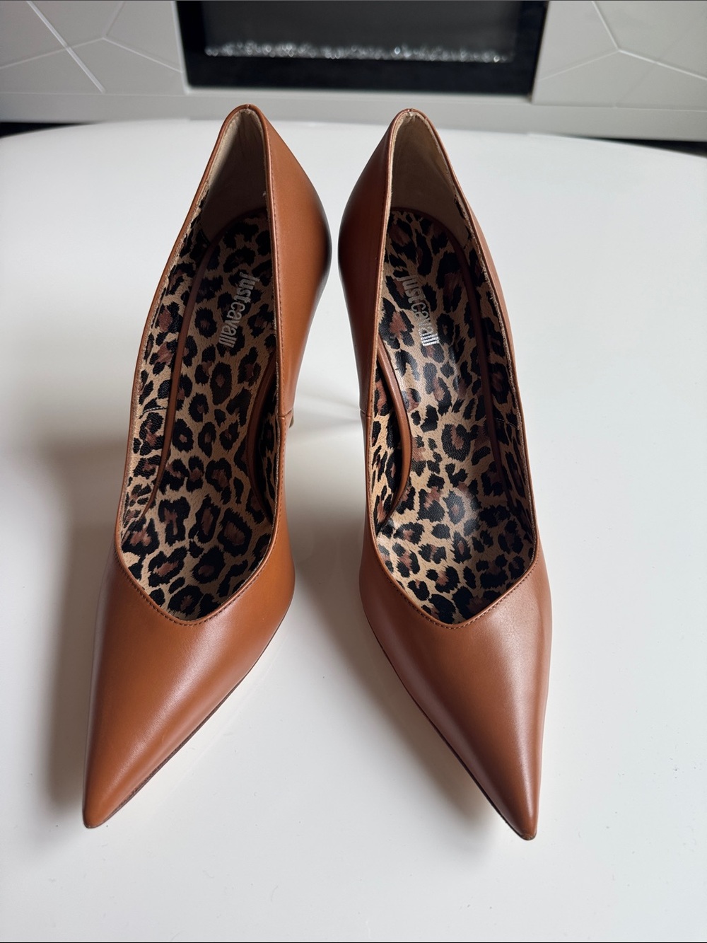 Just Cavalli Tan Pointed-Toe Leopard-Print Lined Pumps